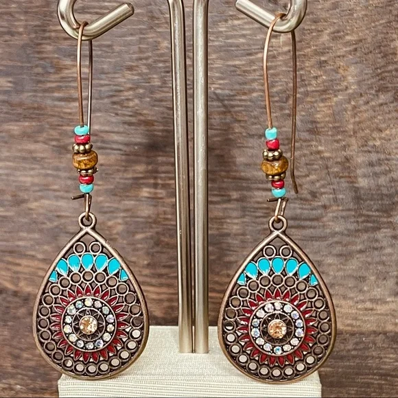 Earrings BOHO QUIRKY LOOP Gypsy hippie antique tear drop hollowed out EARRINGS - Picture 3 of 12